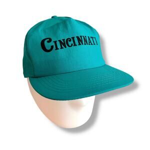 Vtg 80s CINCINNATI Trucker Hat Teal Green Aqua Snapback Baseball Cap Nylon MINT